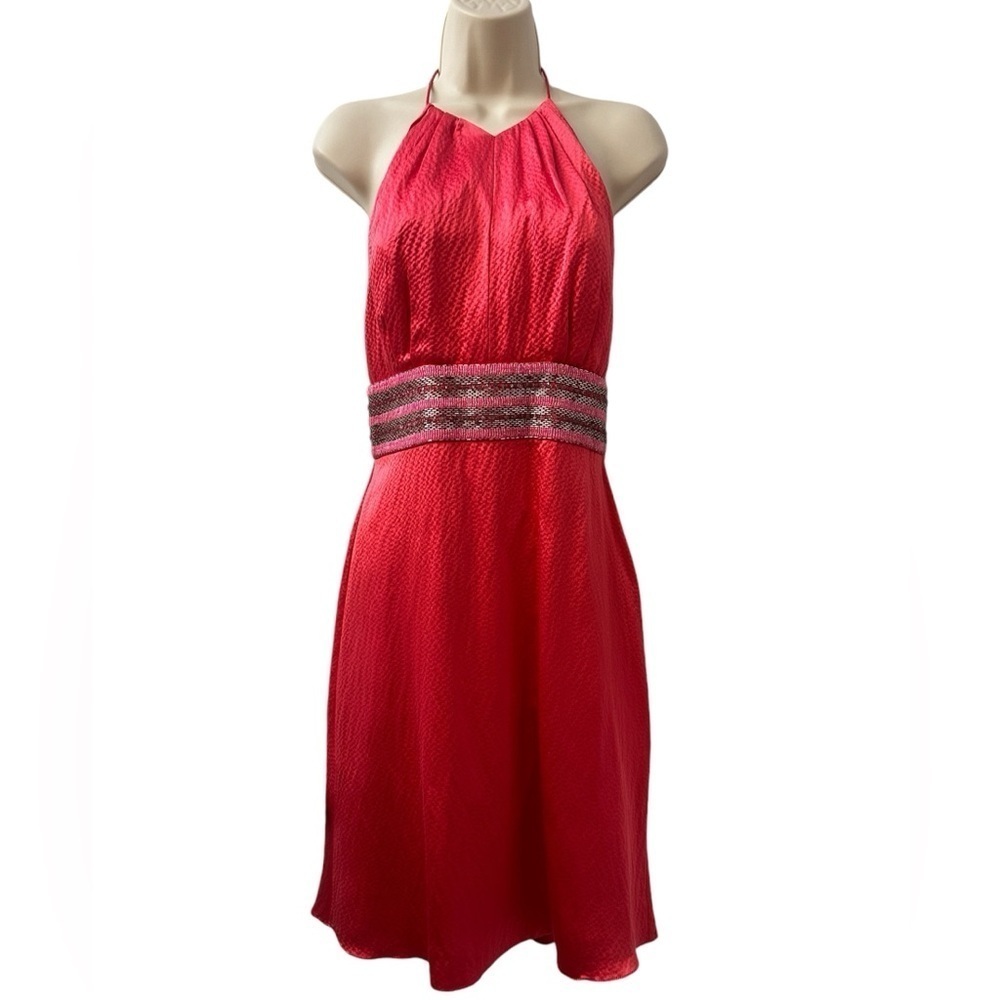 Badgley Mischka Womenās Poppy Red Halter Beaded Dress, Size 4
